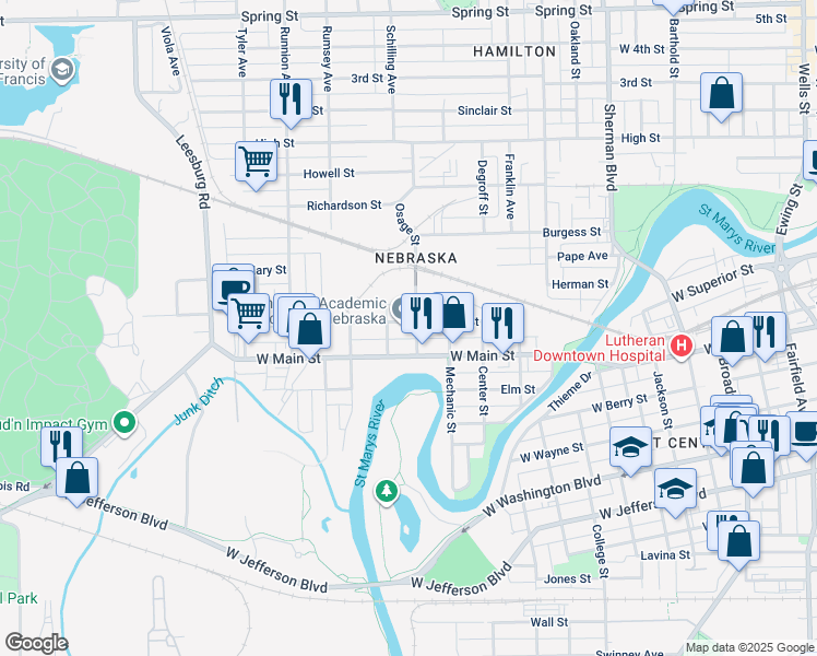 map of restaurants, bars, coffee shops, grocery stores, and more near 1525 Boone Street in Fort Wayne
