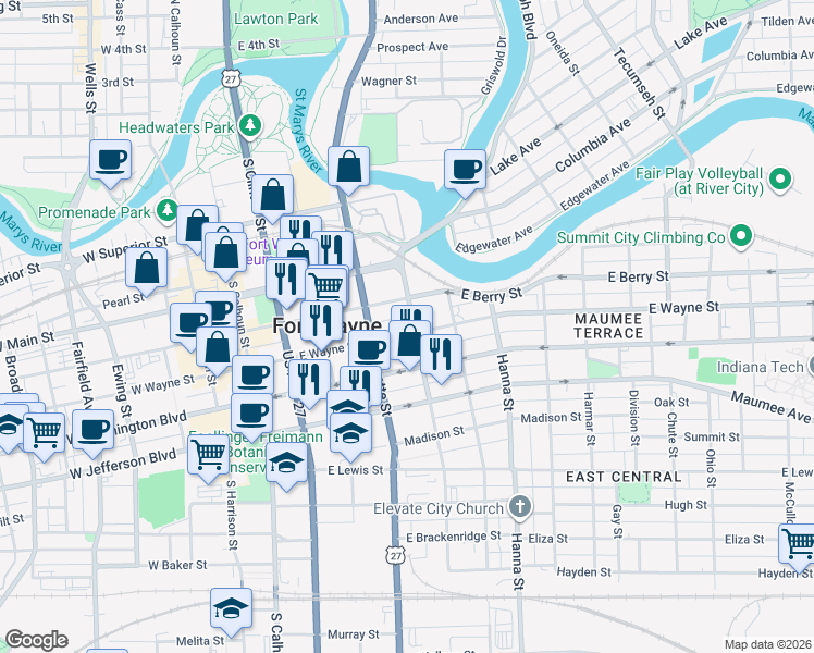 map of restaurants, bars, coffee shops, grocery stores, and more near 439 East Wayne Street in Fort Wayne