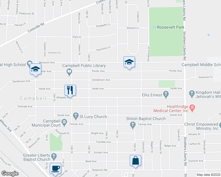 map of restaurants, bars, coffee shops, grocery stores, and more near 534 Hyatt Avenue in Campbell