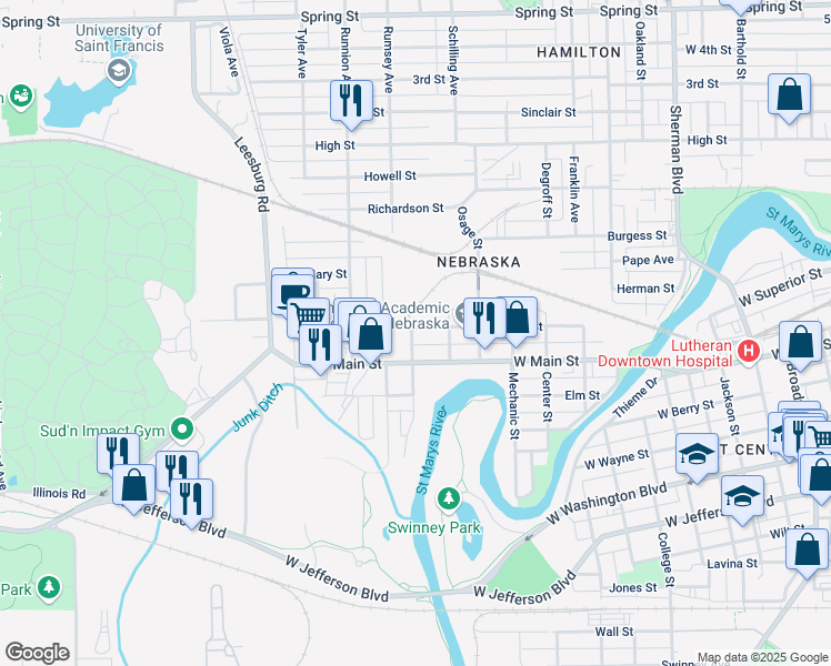 map of restaurants, bars, coffee shops, grocery stores, and more near 1629 Boone Street in Fort Wayne