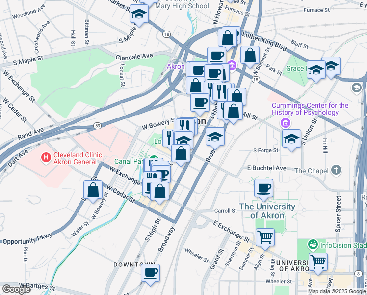 map of restaurants, bars, coffee shops, grocery stores, and more near 235 South High Street in Akron