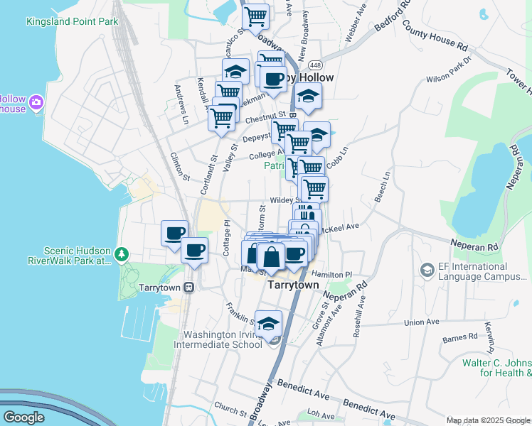 map of restaurants, bars, coffee shops, grocery stores, and more near 69 North Washington Street in Tarrytown