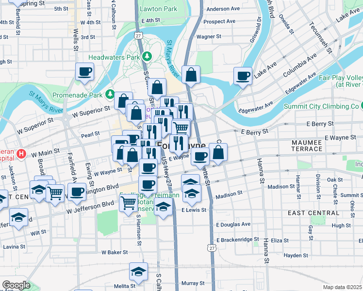 map of restaurants, bars, coffee shops, grocery stores, and more near in Fort Wayne