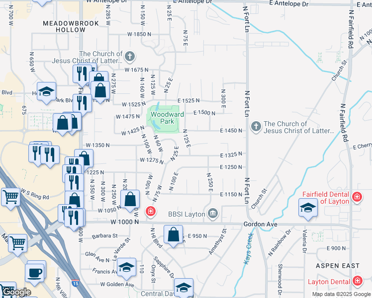 map of restaurants, bars, coffee shops, grocery stores, and more near 1357 North 125 East in Layton
