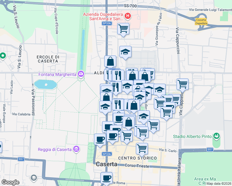 map of restaurants, bars, coffee shops, grocery stores, and more near 58 Via Sant'Antonio da Padova in Caserta