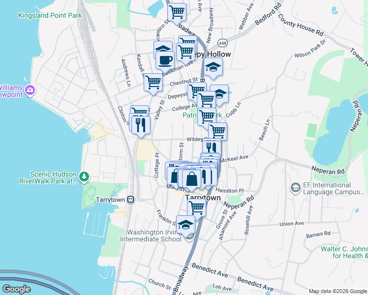 map of restaurants, bars, coffee shops, grocery stores, and more near 69 North Washington Street in Tarrytown