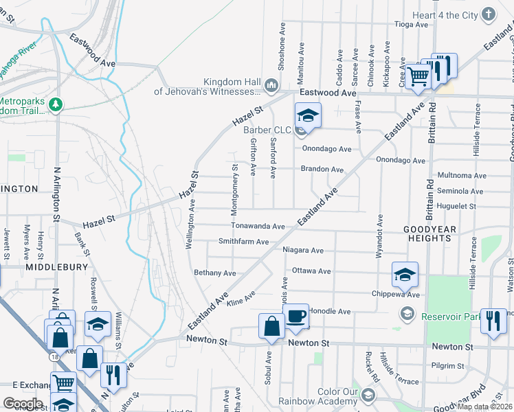 map of restaurants, bars, coffee shops, grocery stores, and more near 1178 Arnold Avenue in Akron
