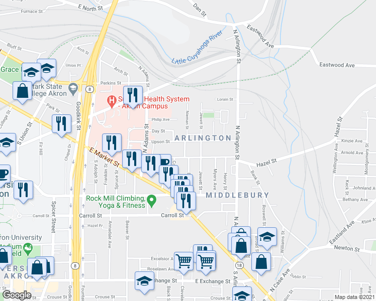map of restaurants, bars, coffee shops, grocery stores, and more near 121 Simon Drive in Akron