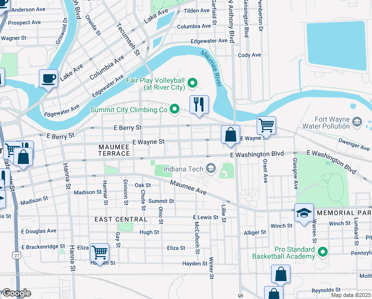 map of restaurants, bars, coffee shops, grocery stores, and more near 1400-1498 East Washington Boulevard in Fort Wayne