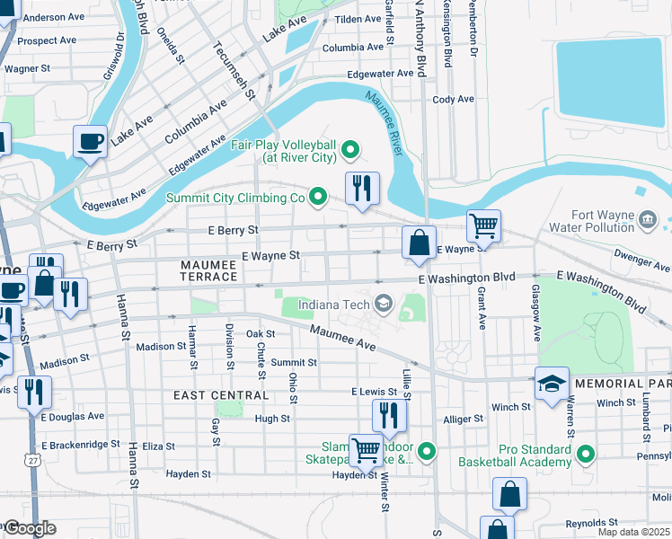 map of restaurants, bars, coffee shops, grocery stores, and more near 1400-1498 East Washington Boulevard in Fort Wayne