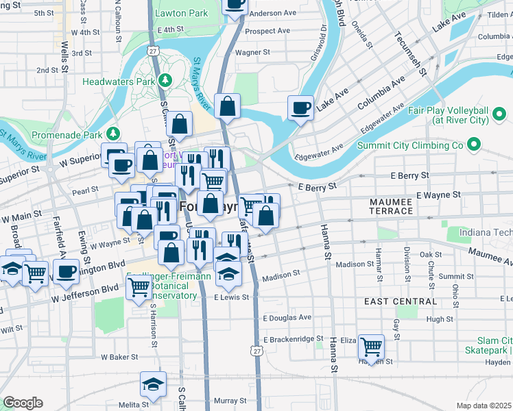 map of restaurants, bars, coffee shops, grocery stores, and more near 412 East Wayne Street in Fort Wayne