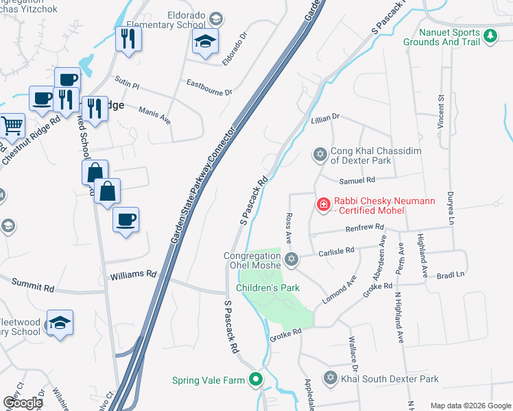map of restaurants, bars, coffee shops, grocery stores, and more near 472 South Pascack Road in Chestnut Ridge