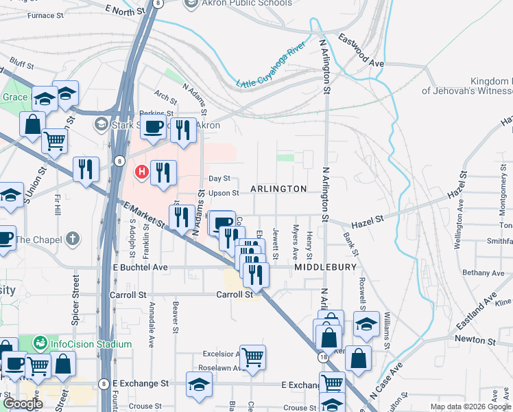map of restaurants, bars, coffee shops, grocery stores, and more near 121 Simon Drive in Akron