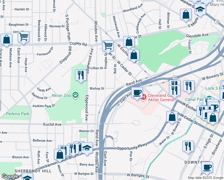 map of restaurants, bars, coffee shops, grocery stores, and more near 477 Bishop Street in Akron
