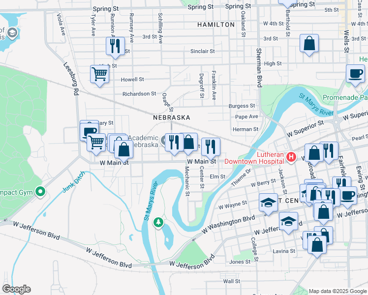 map of restaurants, bars, coffee shops, grocery stores, and more near 631 Mechanic Street in Fort Wayne