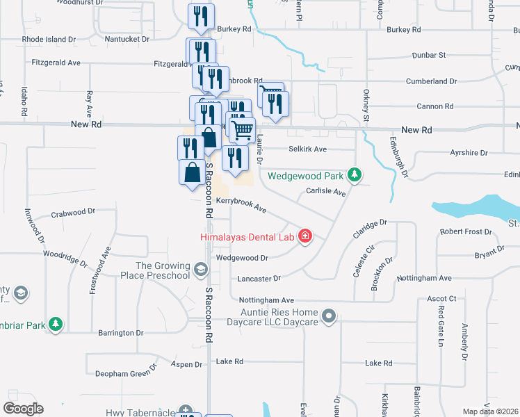 map of restaurants, bars, coffee shops, grocery stores, and more near 4285 Kerrybrook Drive in Youngstown