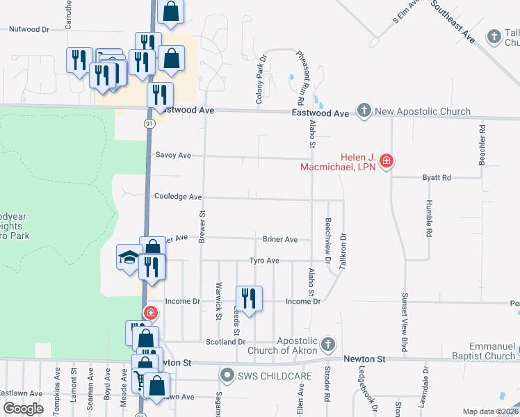 map of restaurants, bars, coffee shops, grocery stores, and more near 540 Moody Street in Akron