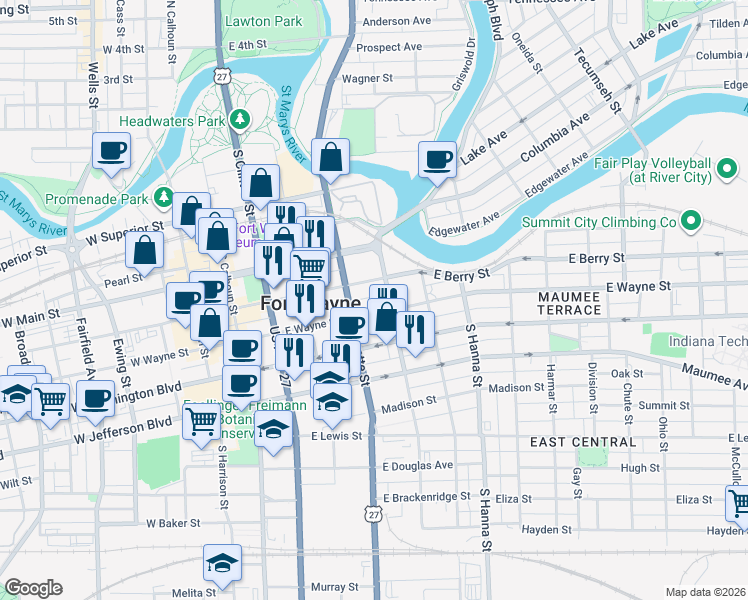 map of restaurants, bars, coffee shops, grocery stores, and more near 425 East Wayne Street in Fort Wayne