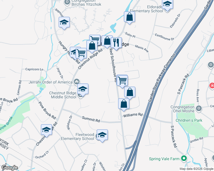 map of restaurants, bars, coffee shops, grocery stores, and more near 10 Garrett Court in Spring Valley