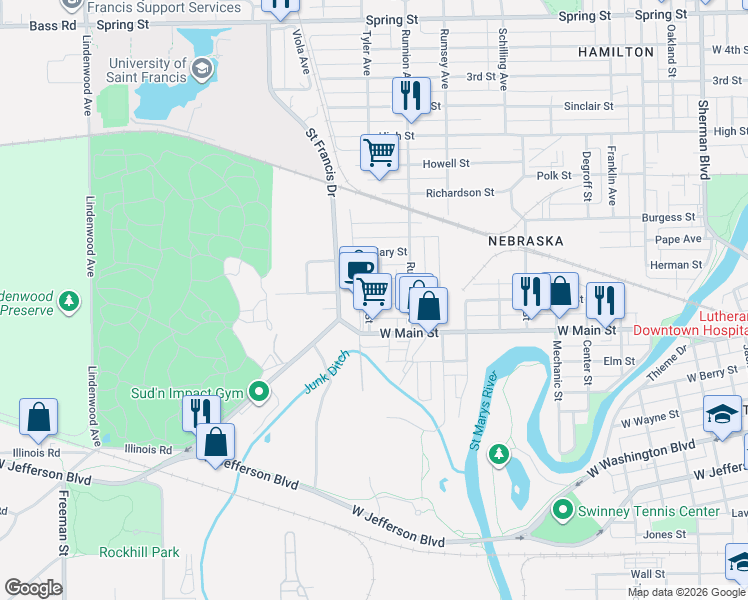 map of restaurants, bars, coffee shops, grocery stores, and more near 1906 West Main Street in Fort Wayne