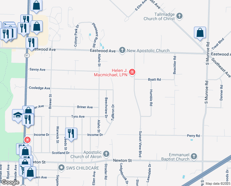 map of restaurants, bars, coffee shops, grocery stores, and more near 747 Tallkron Drive in Akron