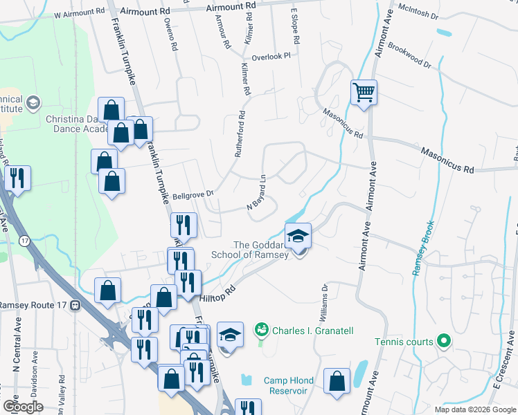 map of restaurants, bars, coffee shops, grocery stores, and more near 57 Indian Field Court in Mahwah