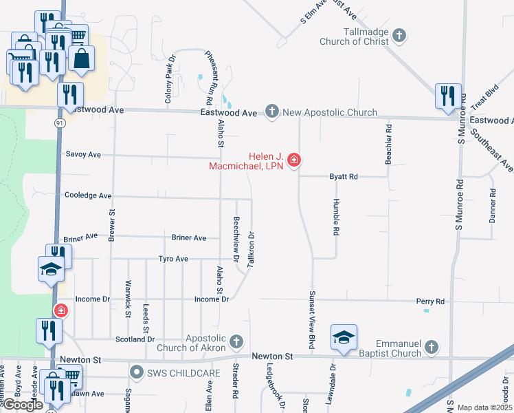 map of restaurants, bars, coffee shops, grocery stores, and more near 747 Tallkron Drive in Akron