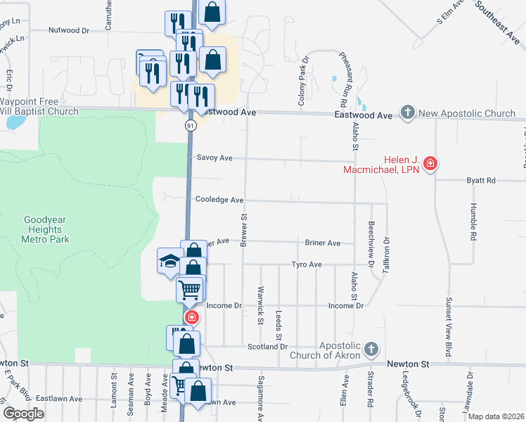 map of restaurants, bars, coffee shops, grocery stores, and more near 2363 Briner Avenue in Akron