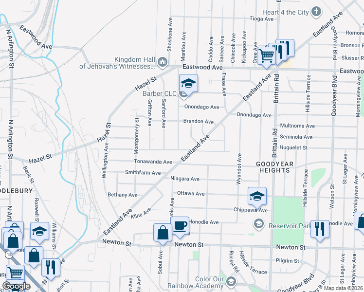 map of restaurants, bars, coffee shops, grocery stores, and more near 480 Eastland Avenue in Akron