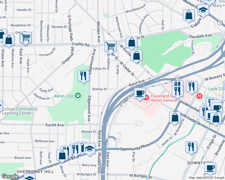 map of restaurants, bars, coffee shops, grocery stores, and more near 541 Douglas Street in Akron