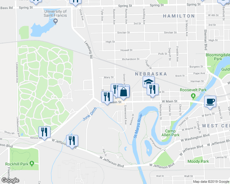 map of restaurants, bars, coffee shops, grocery stores, and more near 618 Runnion Avenue in Fort Wayne