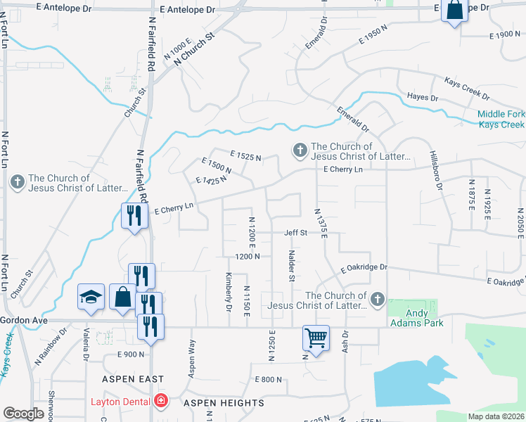 map of restaurants, bars, coffee shops, grocery stores, and more near 1209 Jeff Street in Layton