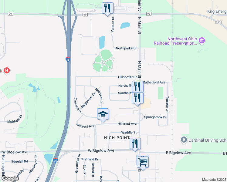 map of restaurants, bars, coffee shops, grocery stores, and more near 211 Southcliff Drive in Findlay