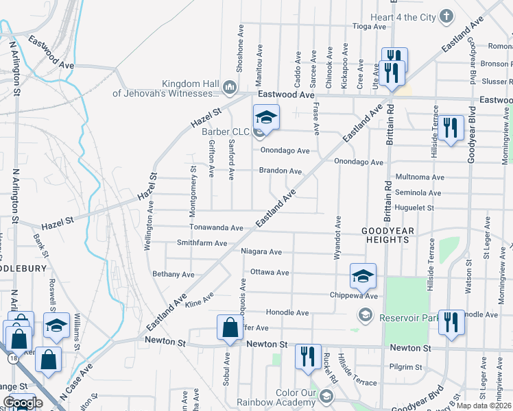 map of restaurants, bars, coffee shops, grocery stores, and more near 480 Eastland Avenue in Akron