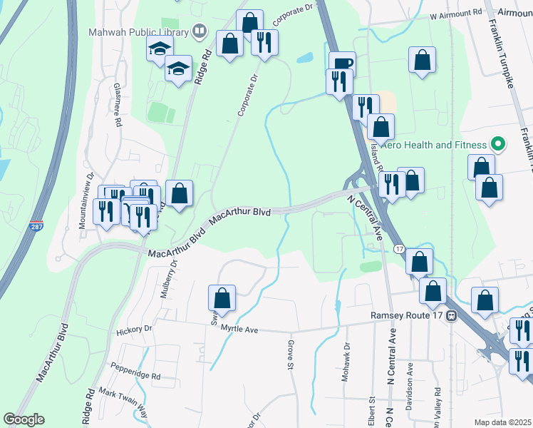 map of restaurants, bars, coffee shops, grocery stores, and more near 1400 MacArthur Boulevard in Mahwah