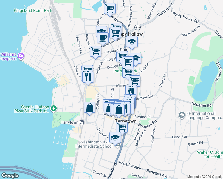 map of restaurants, bars, coffee shops, grocery stores, and more near 63 Storm Street in Tarrytown