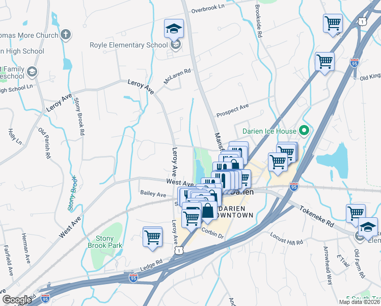 map of restaurants, bars, coffee shops, grocery stores, and more near 15 Lakeside Avenue in Darien