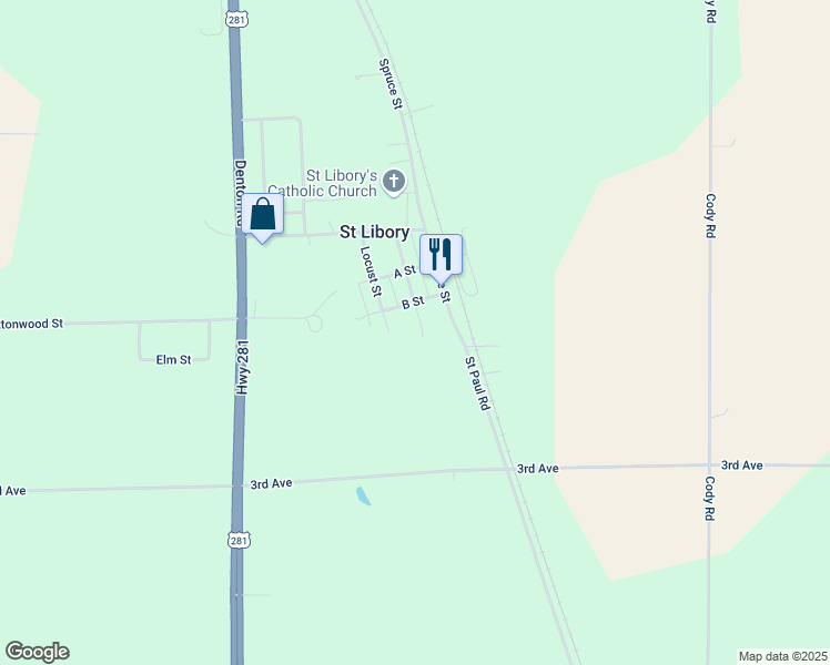 map of restaurants, bars, coffee shops, grocery stores, and more near 201 Maple Street in Saint Libory