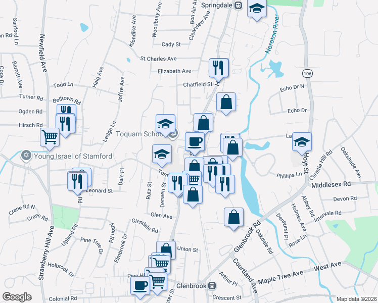 map of restaurants, bars, coffee shops, grocery stores, and more near 562 Hope Street in Stamford