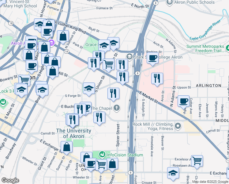 map of restaurants, bars, coffee shops, grocery stores, and more near 55 Fir Hill in Akron