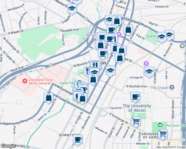 map of restaurants, bars, coffee shops, grocery stores, and more near in Akron