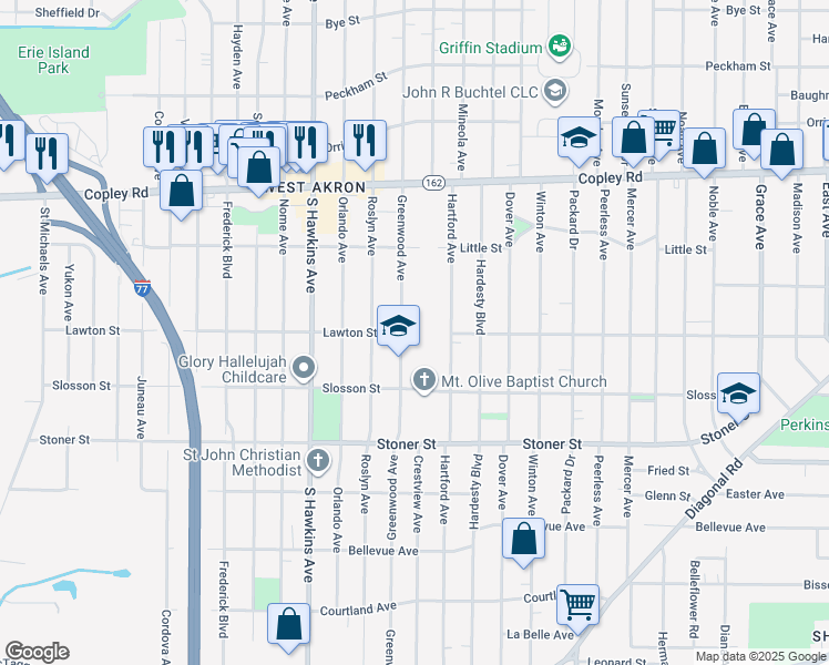map of restaurants, bars, coffee shops, grocery stores, and more near 1020 Hartford Avenue in Akron