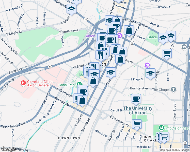 map of restaurants, bars, coffee shops, grocery stores, and more near 235 South High Street in Akron