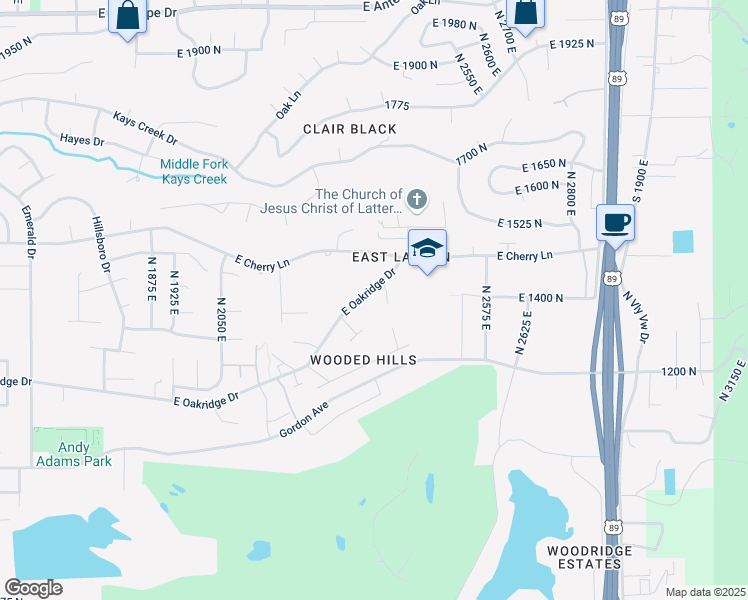 map of restaurants, bars, coffee shops, grocery stores, and more near 2338 Oakridge Drive in Layton