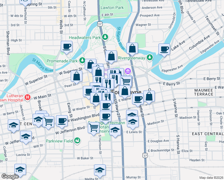 map of restaurants, bars, coffee shops, grocery stores, and more near 712 South Clinton Street in Fort Wayne