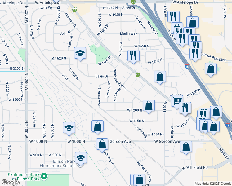 map of restaurants, bars, coffee shops, grocery stores, and more near 1318 North 1540 West in Layton
