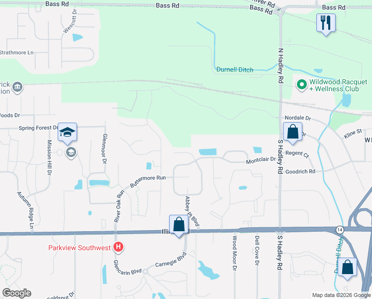 map of restaurants, bars, coffee shops, grocery stores, and more near 7718 Montclair Drive in Fort Wayne