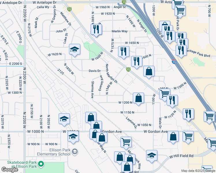 map of restaurants, bars, coffee shops, grocery stores, and more near 1318 North 1540 West in Layton