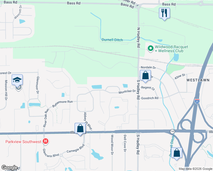 map of restaurants, bars, coffee shops, grocery stores, and more near 7466 Glen Gelder Circle West in Fort Wayne