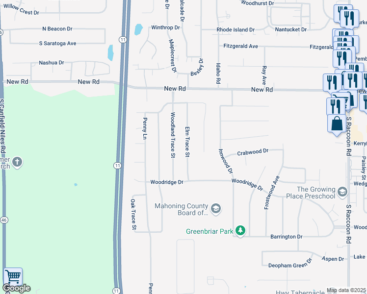 map of restaurants, bars, coffee shops, grocery stores, and more near 2062 Elm Trace Street in Youngstown